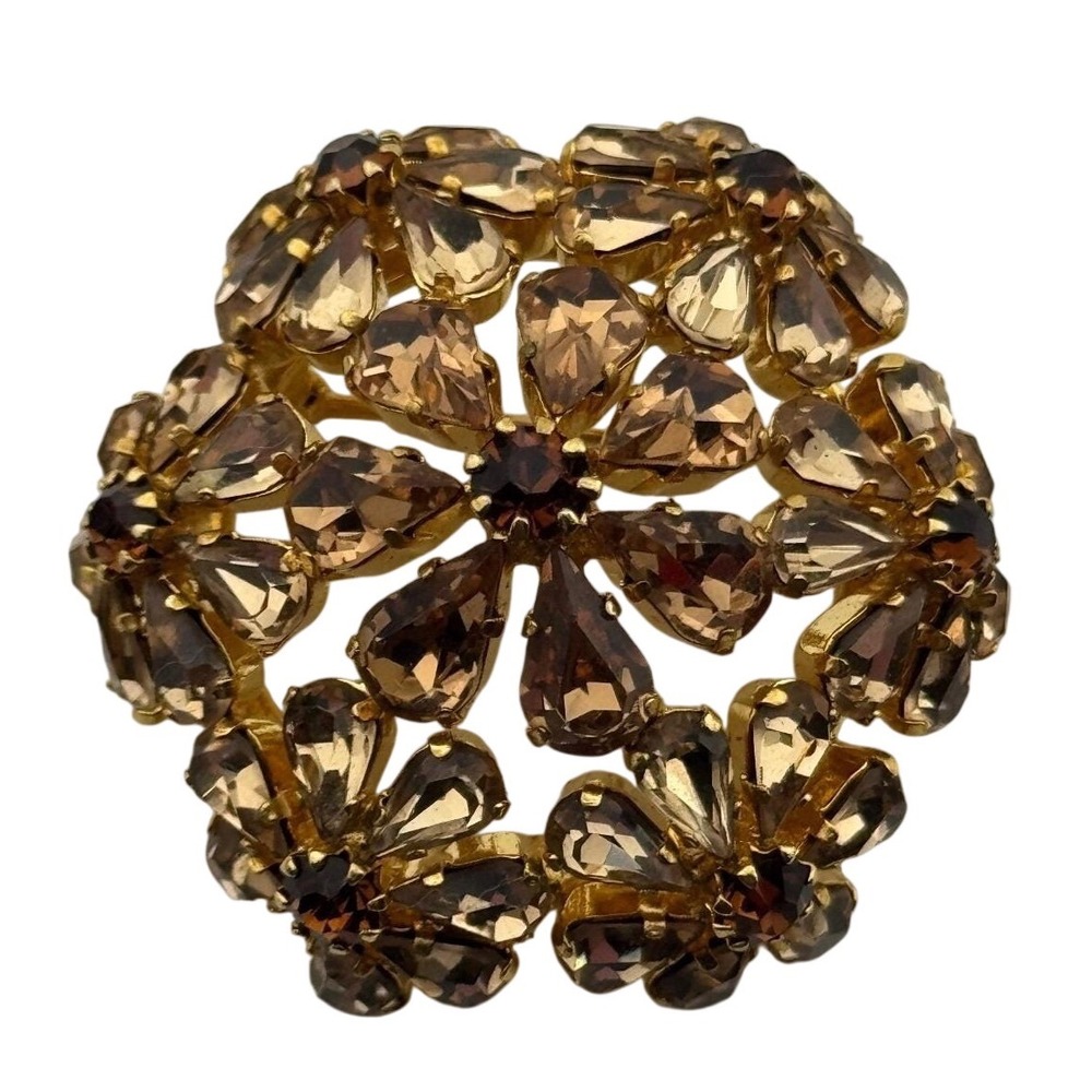 Vintage Austria Rhinestone Brooch Flower Dome Gold‎ Tone Pin